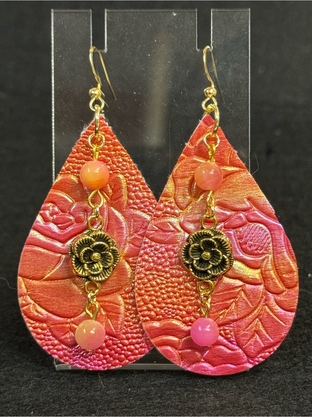 Pink/Orange Multi Chrome Teardrop Floral Faux Leather Earrings